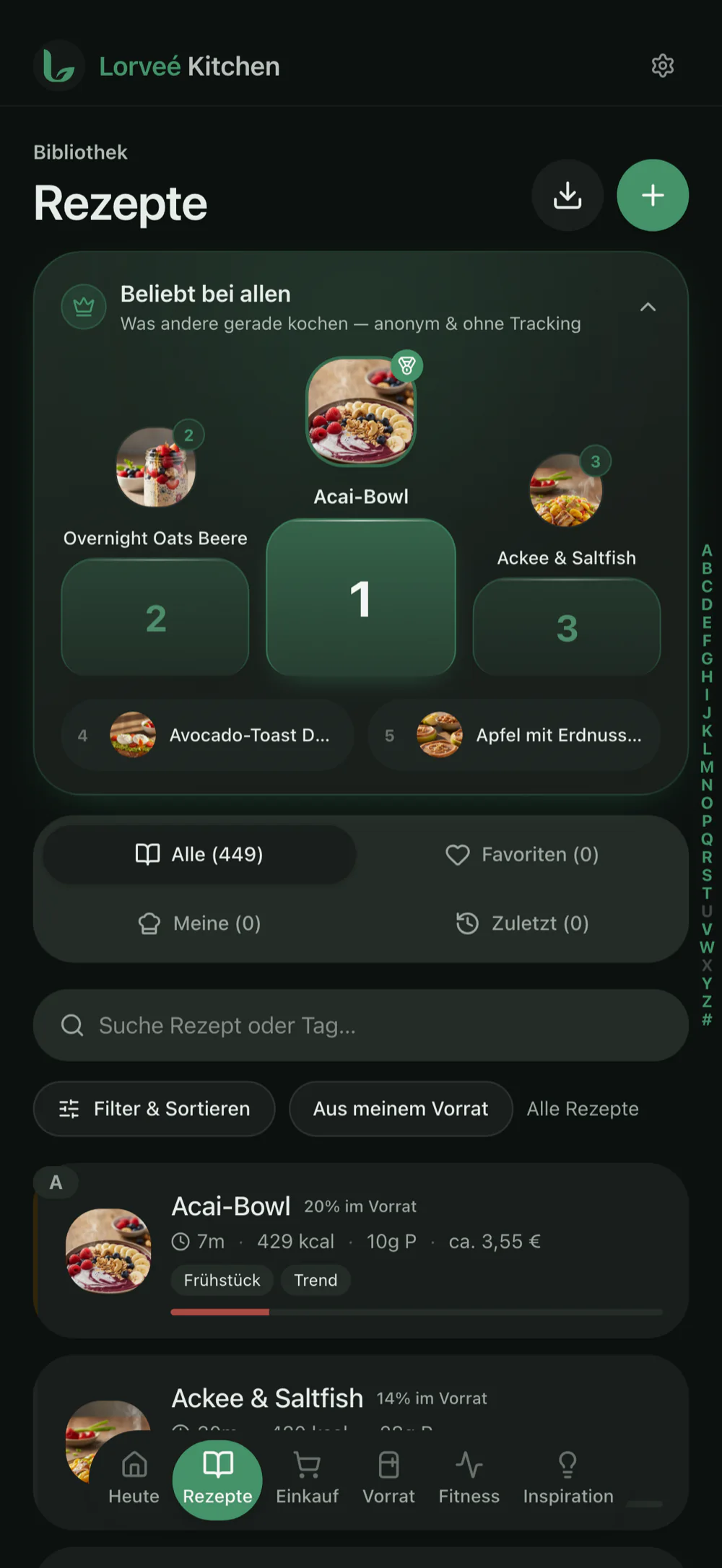 Rezeptliste, nach Treffern im eigenen Vorrat sortiert