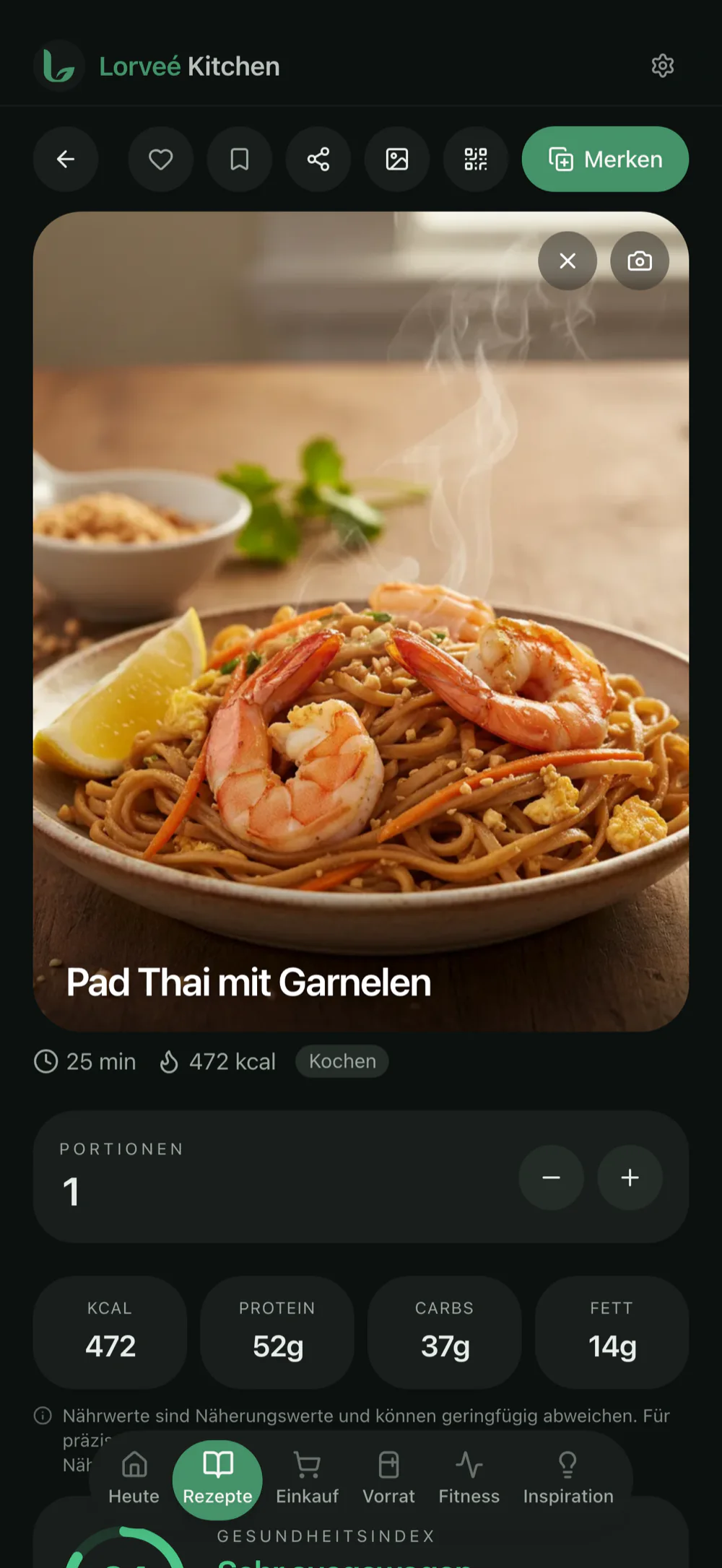 Rezeptdetail mit Zutaten, Schritten und Timer