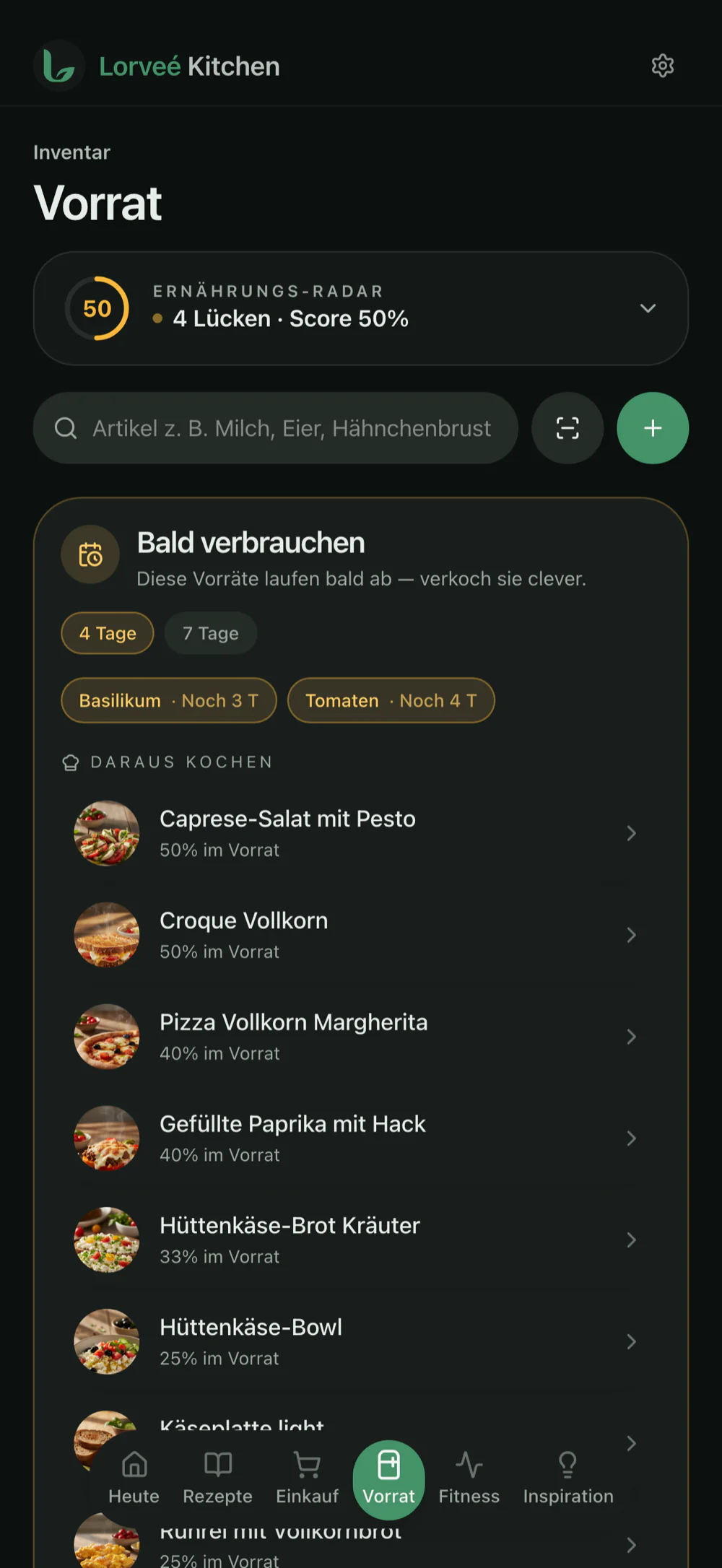 Vorratsansicht mit erfassten Lebensmitteln und Haltbarkeitsdaten