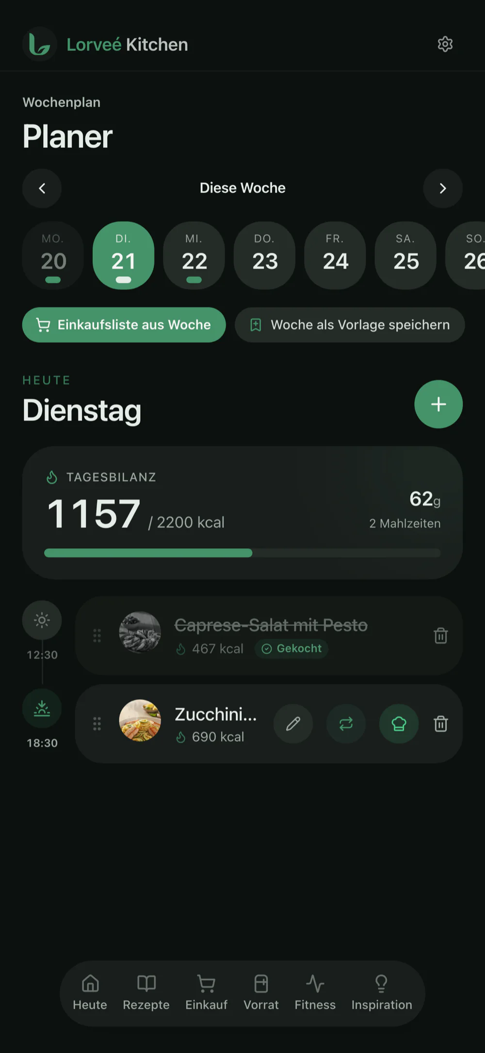 Wochenplaner mit auf Tage verteilten Mahlzeiten