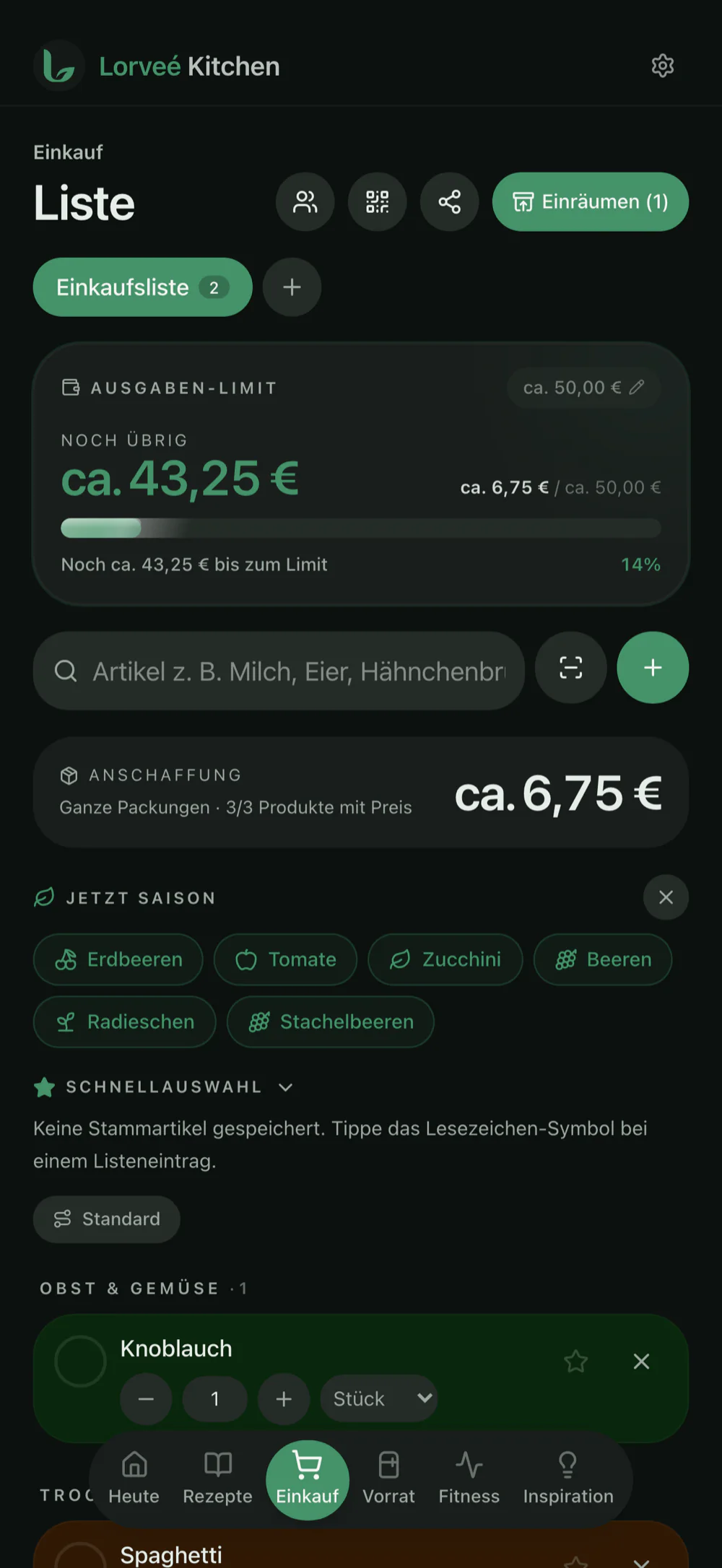 Einkaufsliste, nach Abteilungen gruppiert