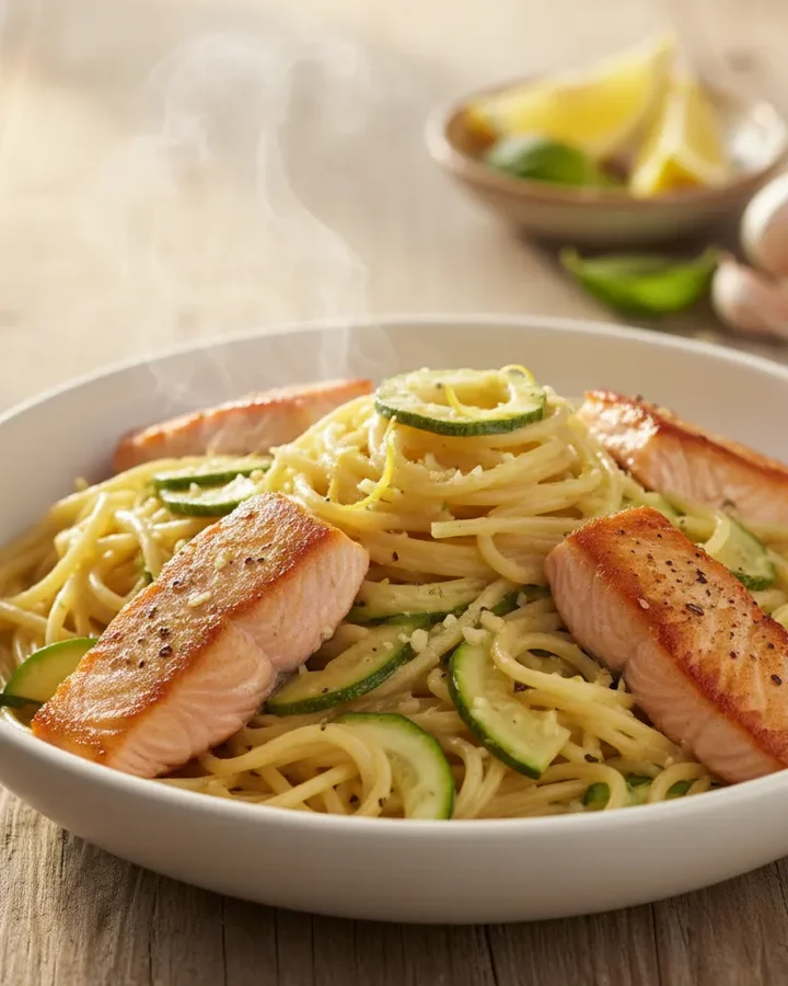 Zucchini-Lachs-Pasta, fertig angerichtet